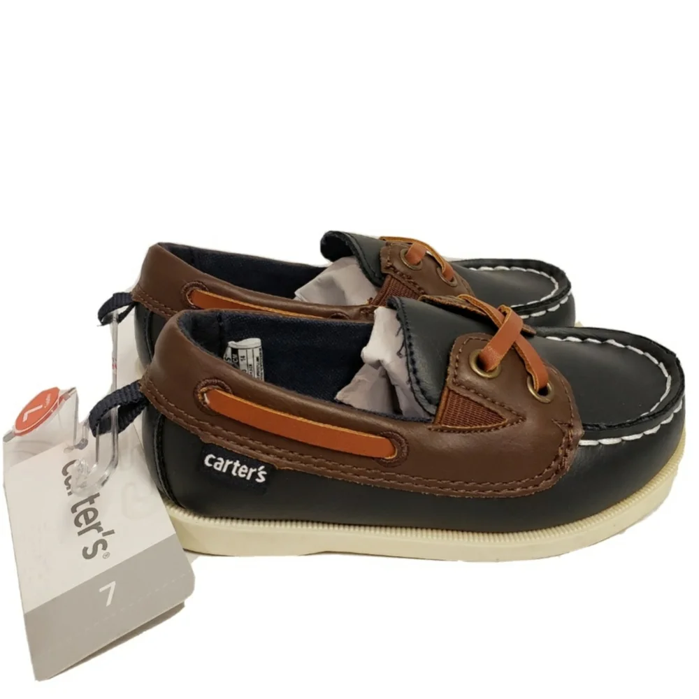 NEW Carters Navy & Brown Boat Shoes Slip On Loafers Toddler Boys Size 7c
